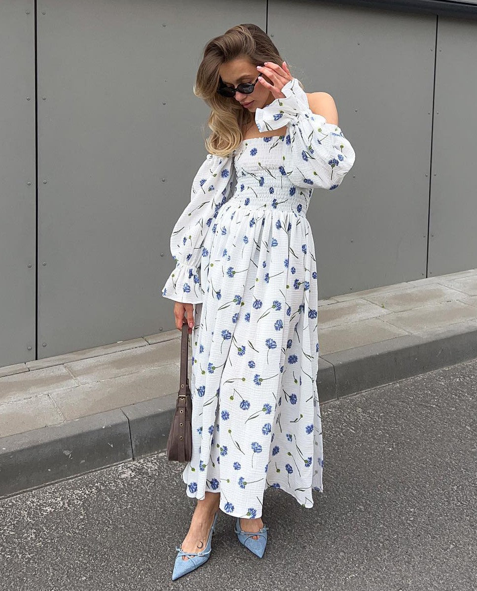 Women's Summer Cotton Dress 100% Elegant Ruffle Midi Floral Print Dress with Sid