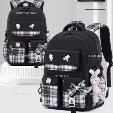 Ergonomic Elementary School Girl Plaid Backpack Protects The Spine Large Capacity Lightweight Waterproof Children's Schoolbag