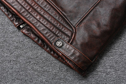 Fashionable Men's Motor Jacket Genuine Cow Leather Coat Male Outerwear Windbreaker Spring Autumn Cloth with Epaulet Brown