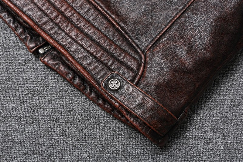 Fashionable Men's Motor Jacket Genuine Cow Leather Coat Male Outerwear Windbreaker Spring Autumn Cloth with Epaulet Brown