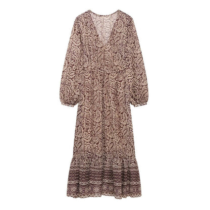 2025 Spring New Product Women's Stacked Decorative Printed V-neck Midi Dress Fas