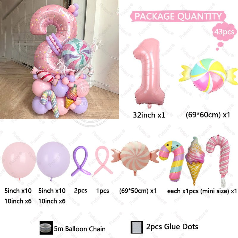 Sweet Pink Lollipop Theme Balloon Column with 32inch Number IcecreamHappy Birthday Party Decora Gifts Supplies