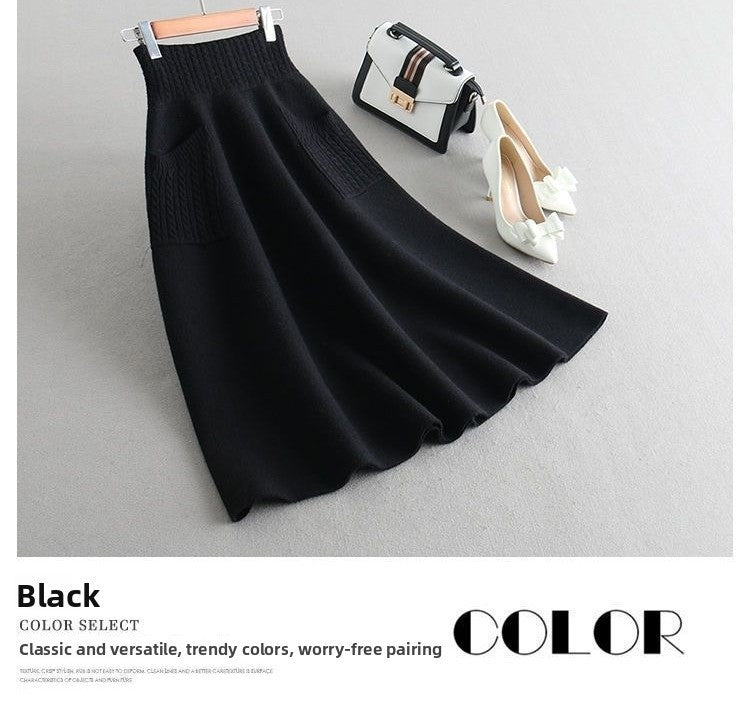 Autumn Winter Women's Mid-Length Knitted Pleated Skirt High Waist A-Line Long Skirt Loose Fuzzy Wool Skirt Double ket