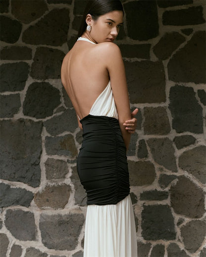 Mozision Patchwork Halter Backless Sexy Maxi Dress Women Gown Elegant Deep V Neck Sleeveless High Waist Bodycon Club Party Dress