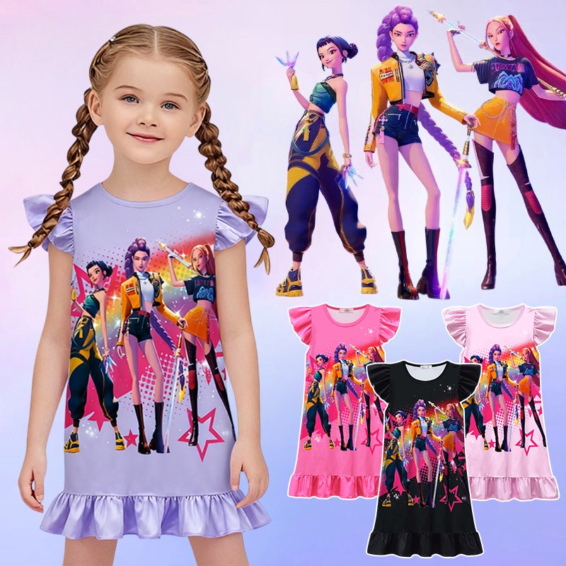 K-POP Demo Hunte Printed Sleeping Skirt Big Butterfly Sleeve Loose Pajamas Children Girls Sleeping Clothing Casual Home Wear