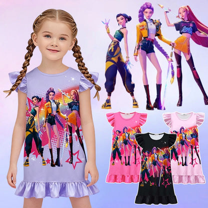 K-POP Demo Hunte Printed Sleeping Skirt Big Butterfly Sleeve Loose Pajamas Children Girls Sleeping Clothing Casual Home Wear