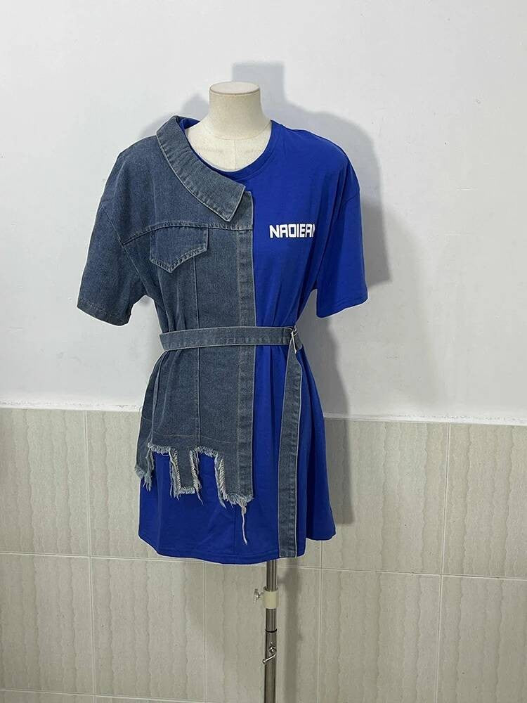 XFPV Women's Sweet high Waist Wrap Belt Round Neck patchwork Denim Shirt  Chic Top Y2k Korean Fashion Spring Summer 2025 SM11327