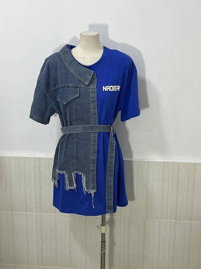 XFPV Women's Sweet high Waist Wrap Belt Round Neck patchwork Denim Shirt  Chic Top Y2k Korean Fashion Spring Summer 2025 SM11327