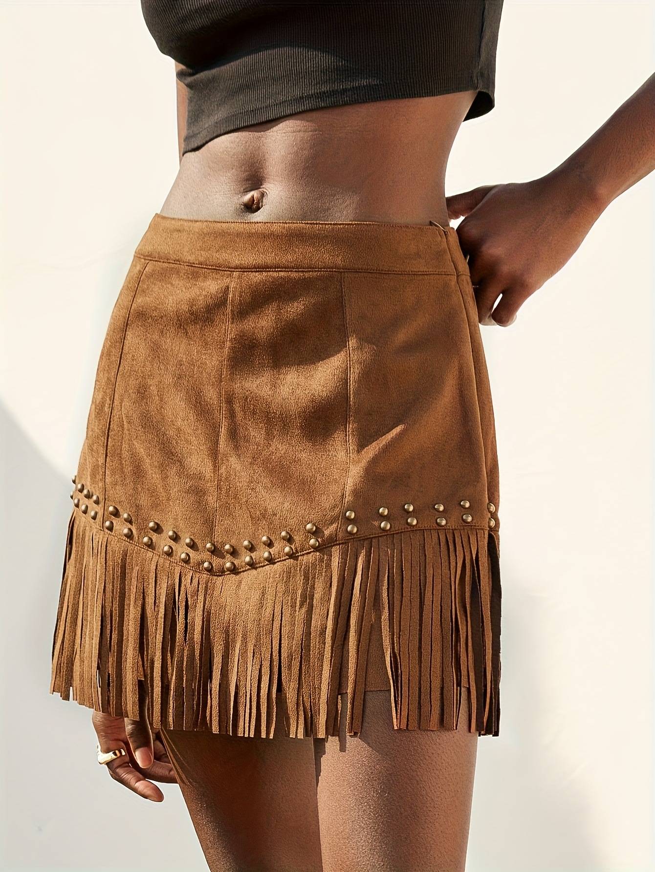 2025 European and American Style Elegant Vacation Style Women's Clothing Suede Fringed Rivet Design Short Skirt Suede
