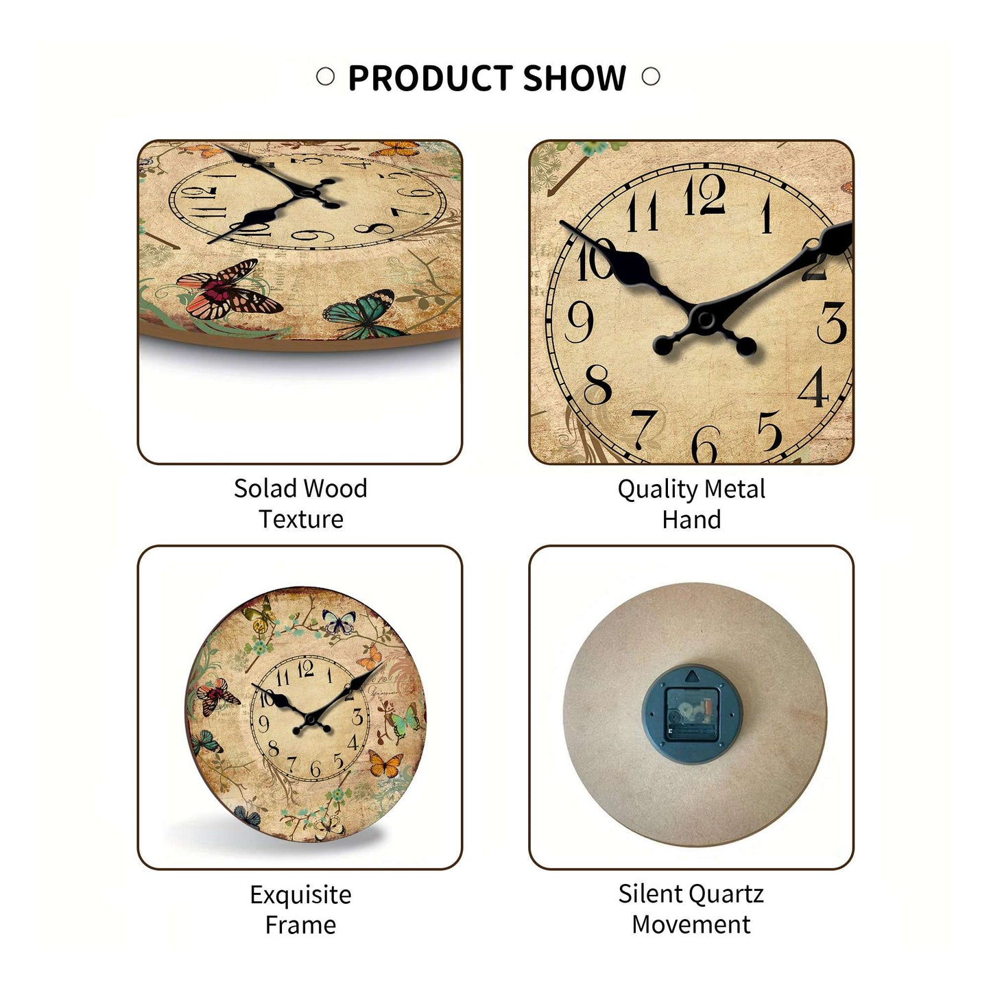 1pc 10-16inch wooden wall clock, retro flower and colorful butterfly design wall clock, silent clock, suitable for living room b