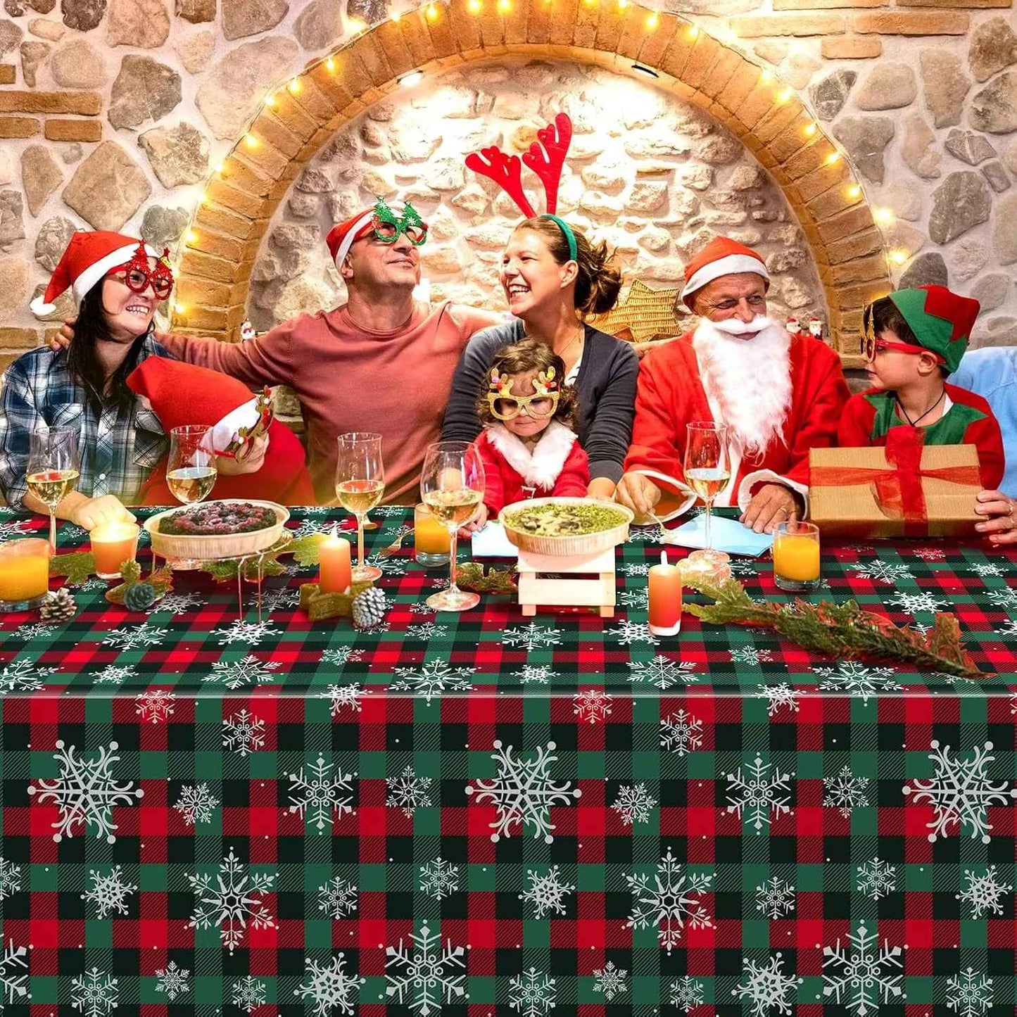 3PCS/Set Disposable Christmas Snowflake Tablecloth Plastic Red Green Buffalo Plaid Table Cover for Christmas Holiday Party Decor