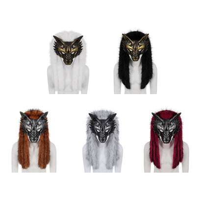Viking Wolf Mask Faux Fur Headdress Werewolf Barbarian for Halloween Cosplay Costume Accessories