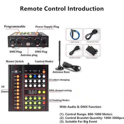 43Keys 1000 Meters 10 Area 15 RGB Remote Controller DMX Function LED Bracelets 100/2000PCS Wristband Wedding Party