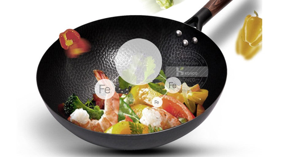 Panela Wok de Ferro Puro Konco, Panela de Ferro Fundido Antiaderente, Uso Geral para Fogão a Gás e Indução 32cm