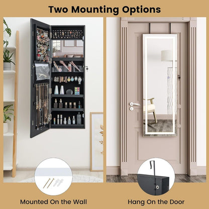 LED Mirror Jewelry Cabinet, 47.2'' Jewelry Armoire with Adjustable Lighted Full Length Mirror, Wall Mounted or Door Hanging, Lo