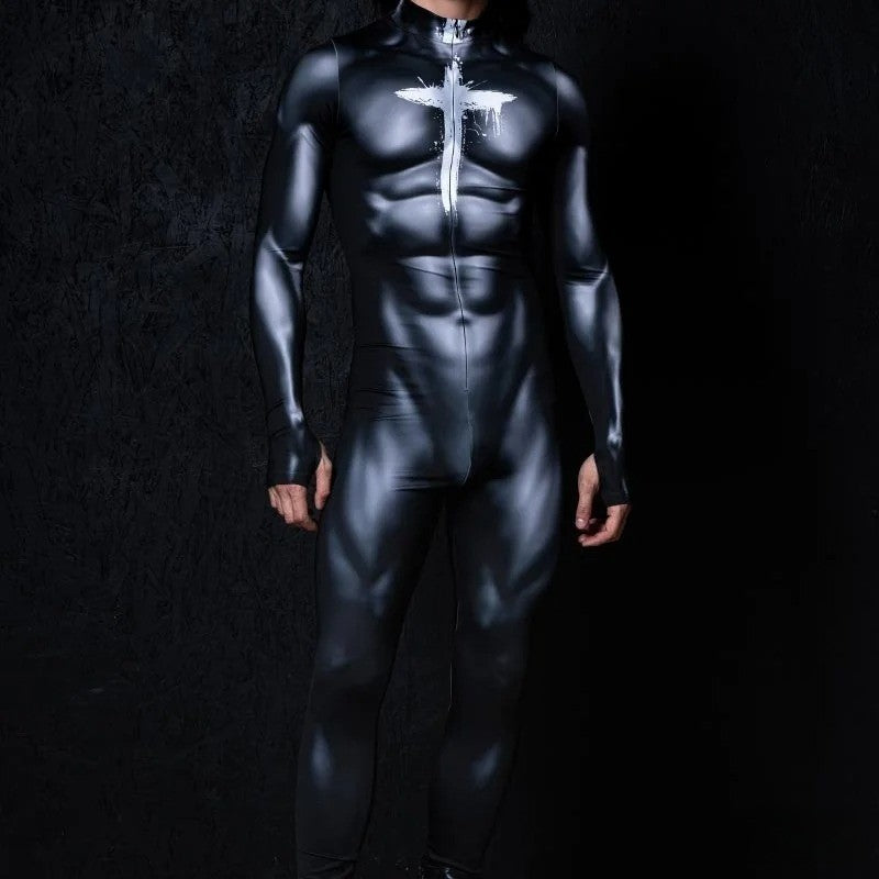 Zawaland Men Mechanical Muscle Punk Zentai Suit Carnival Cosplay Bodysuit Halloween Party Macho Costume Show Festival Jumpsuit