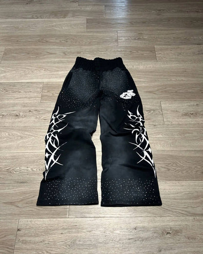 Calça Jogger Y2K Retrô Gótico Hip Hop com Strass Bordado Casual Masculina Feminina Calça Folgada Moda com Tira no Tornozelo