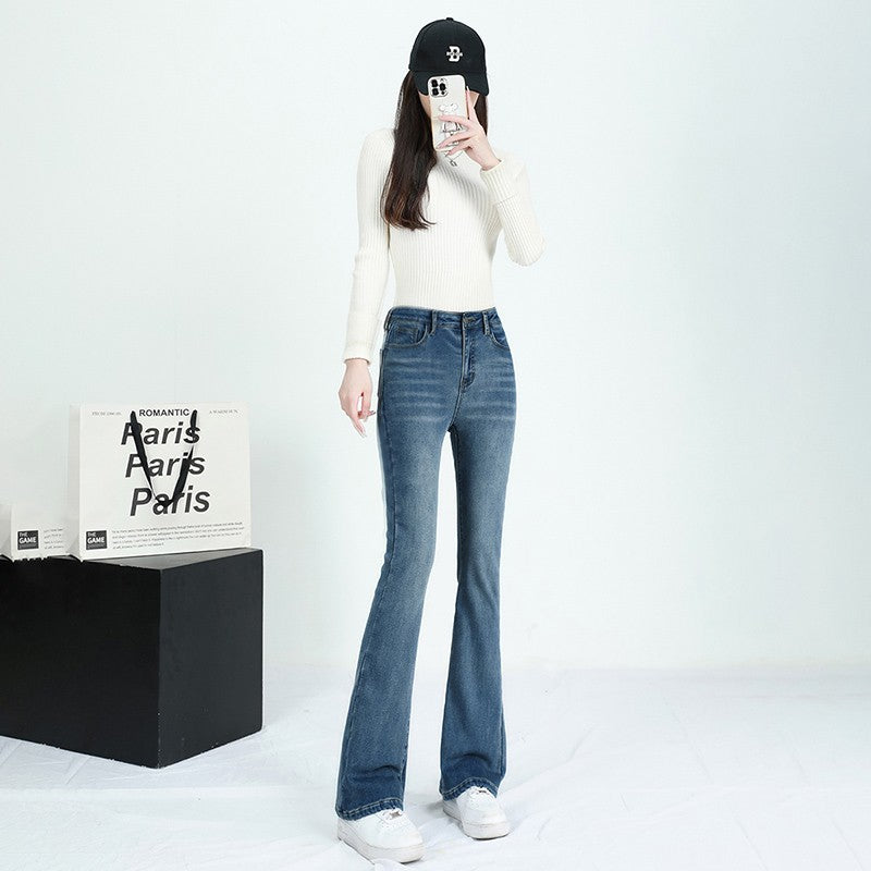 Winter Female Thin Snow Warm Plush Jeans Lady Chic Fleece Flared Pants Girls Korean High Waist Straight Leg Denim Trousers