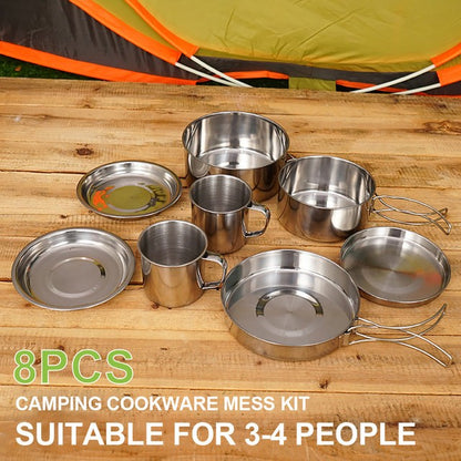 Conjunto de 8 Peças de Panelas de Acampamento em Aço Inoxidável com Panelas e Frigideiras, Pratos e Copos para Caminhadas e Mochilão ao Ar Livre