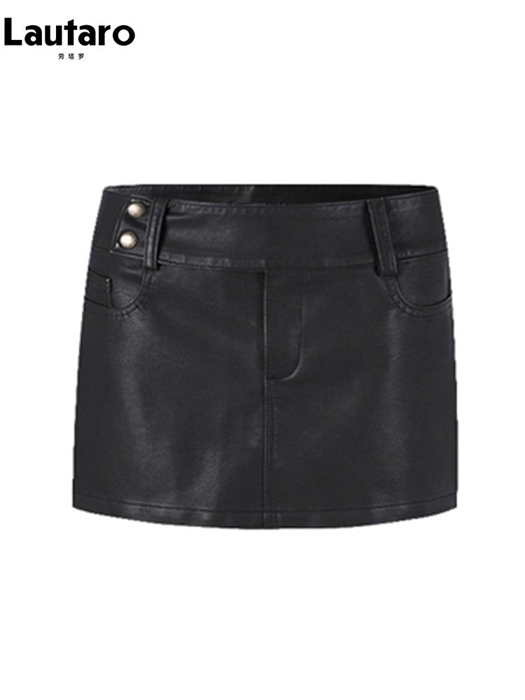 Lautaro Spring Summer Black Mini Skirt Women with Low Waist Short Distressed Pu Leather Skirts for Woman 2024  Gyaru Clothes