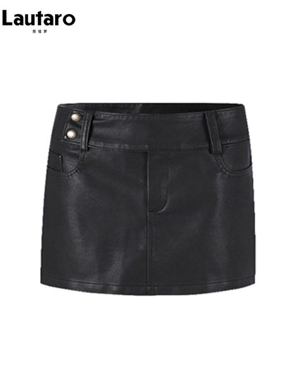Lautaro Spring Summer Black Mini Skirt Women with Low Waist Short Distressed Pu Leather Skirts for Woman 2024  Gyaru Clothes