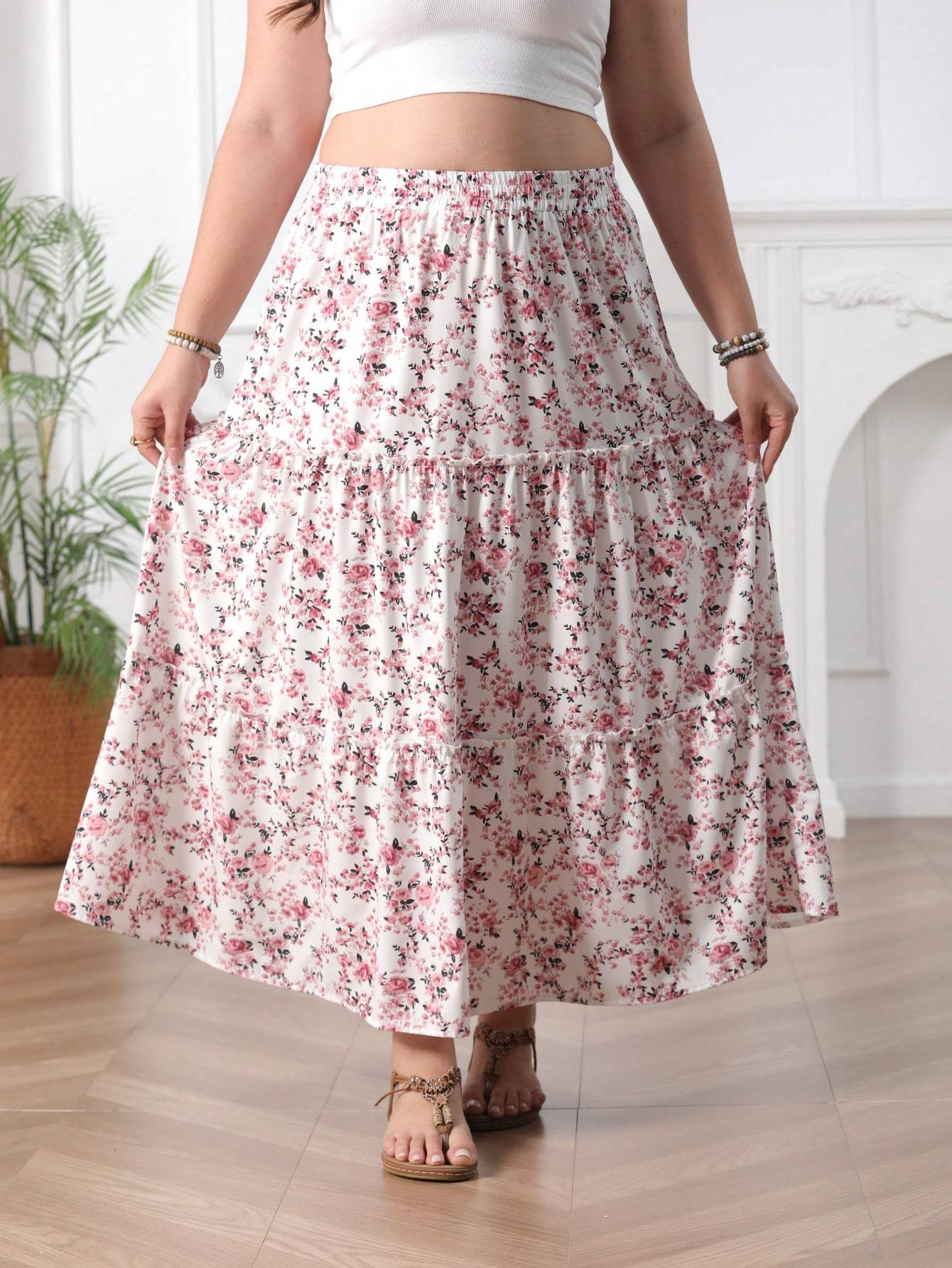 Plus size women's printed holiday style skirt spliced A-line skirt
