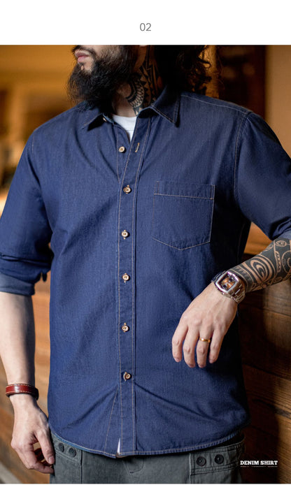 Maden Men Vintage Single Pocket Workwear Denim Shirt Long Sleeved Slim Fit Casual Shirt Single Breasted Turn-Down Collar Blouse