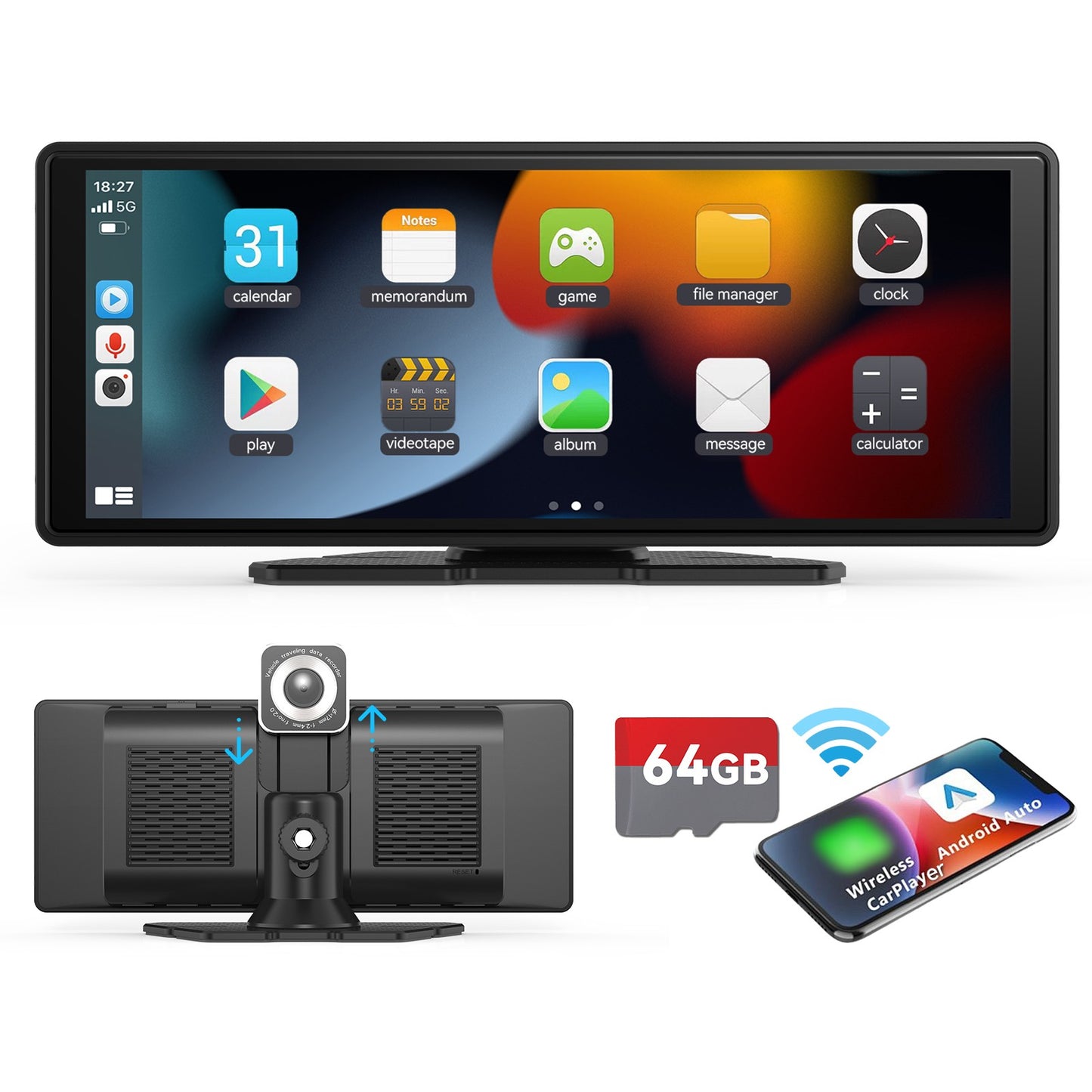 Central Multimídia Portátil Sem Fio com Carplay, Tela Sensível ao Toque HD de 10,26" para Carro com CarPlay e Android Auto com Mirror Link/Câmera de Ré