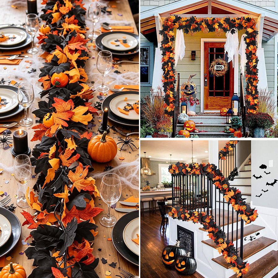 Halloween Artificial Vines Red Black Autumn Maple Leaves Fake Garland For Home Christmas Thanksgiving Party Fireplace Fall Decor