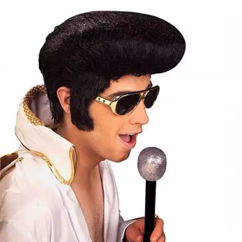 Elvis Presley Wig Glasses Mens Rock Singers Aron Presley Cosplay Wig Party Presley Black Synthetic Hair Wigs
