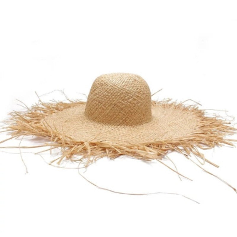 WZCX Feito à Mão Borla Feminina Chapéus de Sol de Palha Aba Larga Grande Chapéu de Palha Natural de Ráfia Panamá Praia Chapéus de Sol Para Feriado
