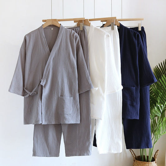 Large Size Kimono Robes with Pocket and Long Pants 2 Pcs Pajamas Set for Men Sleepwear Clothes Cotton Pjamas for Men