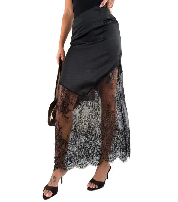 Sexy Lace Patchwork Long Skirt Women Elegant Fashion Solid Waist Cinched Mid-length Bottom Lady 2025 Party Daily Street Skirts