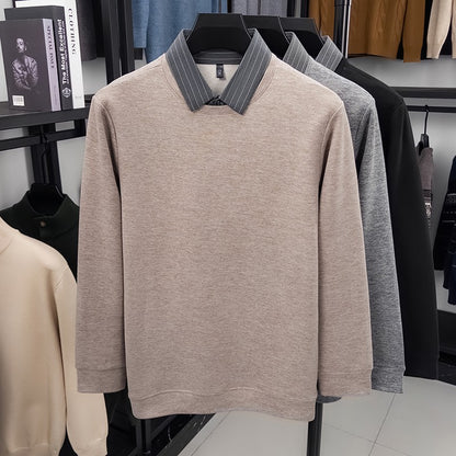 Fake Two-piece Striped Shirt Collar Knitted Sweater Men's Warm and Versatile Casual Woolen Shirt Waffle Top Winter Trend