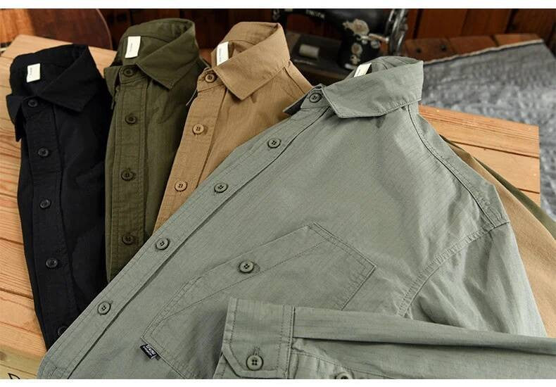 Men's Cargo Shirt Long Sleeve Premium Cotton Solid Color Japanese Streetwear Simple Handsome Chest Pocket Outdoor Work Shirst