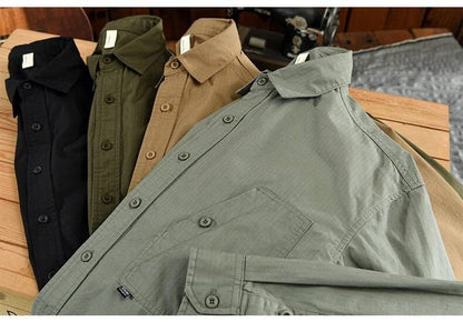 Men's Cargo Shirt Long Sleeve Premium Cotton Solid Color Japanese Streetwear Simple Handsome Chest Pocket Outdoor Work Shirst