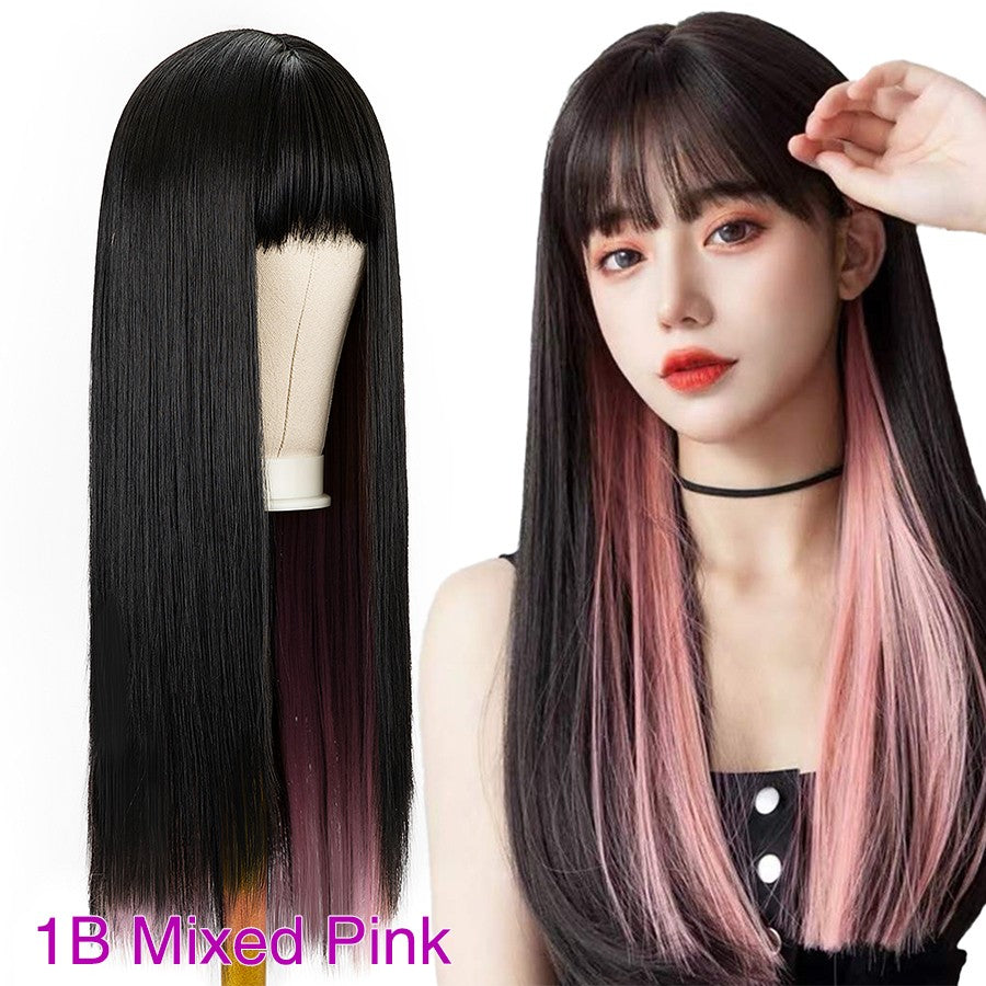 Green And Black Lolita Cosplay Wig Straight Wigs With Bangs Synthetic Heat Resistant Two Tone Wigs Black & Pink Split Color Wig