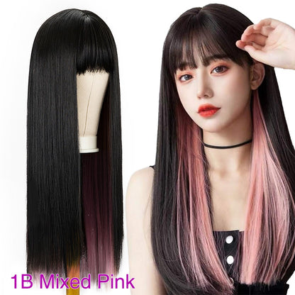 Green And Black Lolita Cosplay Wig Straight Wigs With Bangs Synthetic Heat Resistant Two Tone Wigs Black & Pink Split Color Wig