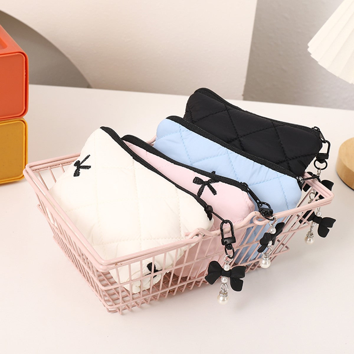 Simple bow quilted clutch, portable everyday small item pouch for lipstick, earphones, and change, soft travel makeup bag