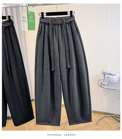 2025 Autumn Winter New All-match Fashionable Solid Color Elastic Waist Wide Leg Pants Women Clothes Casual Drawstring Trousers