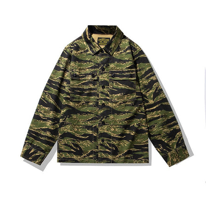 2025 Spring Men's Tiger Stripe Camo Camouflage Cargo Shirt Fashion Work Engineer Long Sleeved Shirt Jacket With Double Pockets