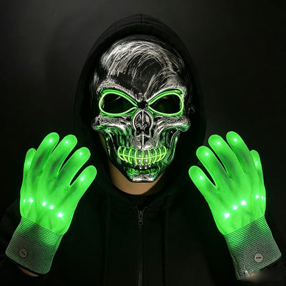 Halloween LED Skull Mask with Light Up Gloves EL Wire Glowing Skeleton Mask Lighted Flashing LED Gloves Set for Cosplay Party