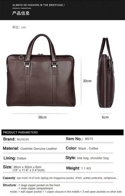 Pasta de Couro Genuíno de Luxo para Homens, Bolsa de Couro para Negócios, Bolsa para Laptop de 15,6", Pasta de Escritório Masculina, Porta-Documentos, Bolsa de Ombro