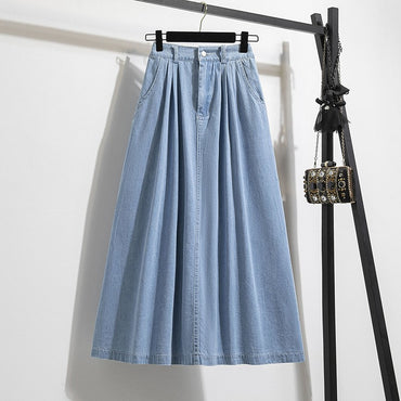 Plus Size Denim Skirt Women Summer 2025 New Korean Style High Waist A Line Pleated Long Jean Skirt Casual Women Maxi Skirt