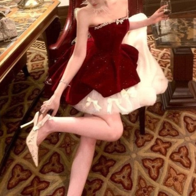 Christmas Red Strapless Sexy Party Dresses Elegant Winter New Year Elegant Bubble Velvet Mini Dress Sweet Princess Clothing 2025