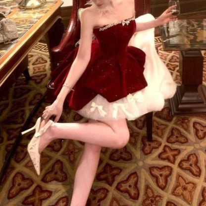 Christmas Red Strapless Sexy Party Dresses Elegant Winter New Year Elegant Bubble Velvet Mini Dress Sweet Princess Clothing 2025