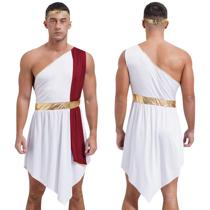 Mens Ancient Greek Toga Roman King Prince Cosplay Costume Halloween One Shoulder Embroidered Robe Dress Theme Party Outfits