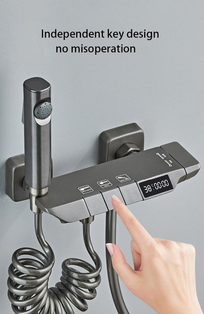 Chuveiro Moderno Completo Cinza 2 Saídas Teclas de Piano Conjunto de Chuveiro de Banheiro Montado na Parede de Latão Torneira de Chuveiro com Display Digital para Banheira