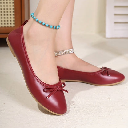 Women's Elegant Red Ballet Flats Spring Summer New Versatile Low Top Comfort Soft Lightweight Bow Detail Slip On Work Shoes