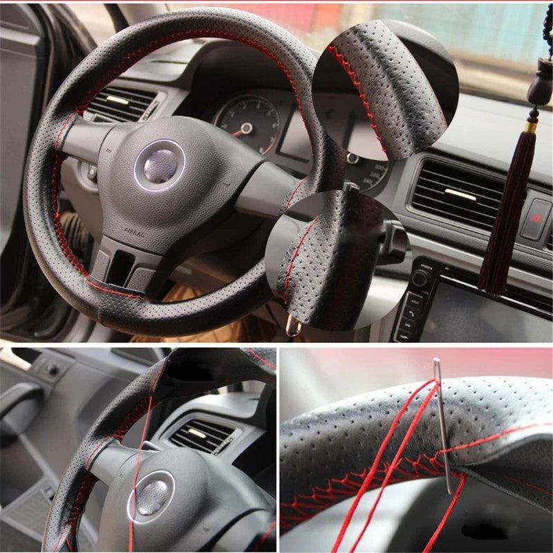 Universal microfiber leather car steering wheel cover stitching style fits steering wheel diameter up to 38cm